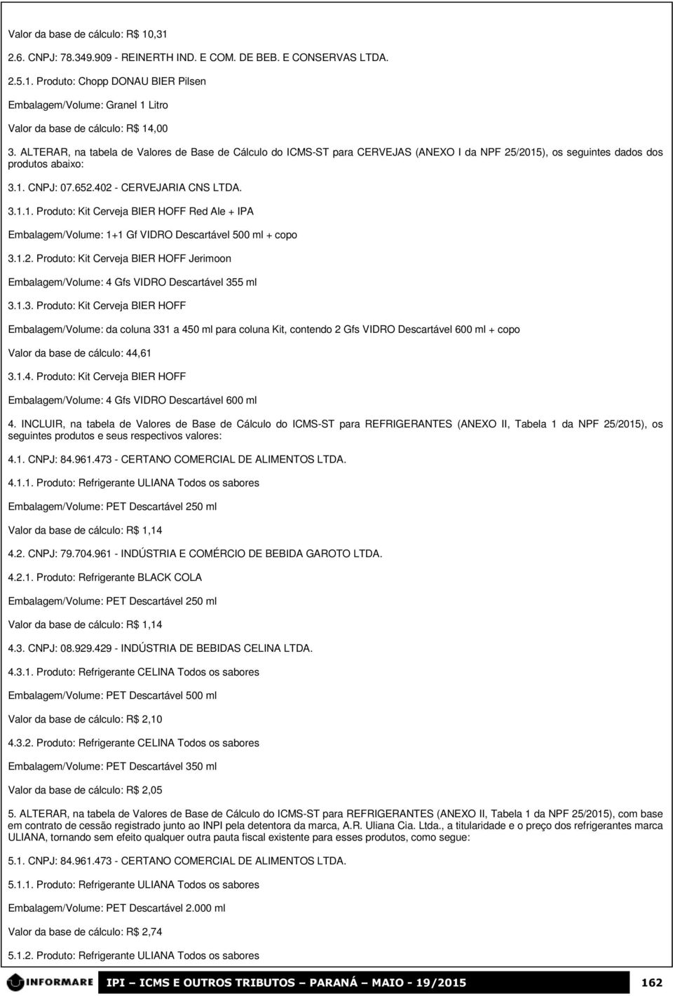 ), os seguintes dados dos produtos abaixo: 3.1. CNPJ: 07.652.402 - CERVEJARIA CNS LTDA. 3.1.1. Produto: Kit Cerveja BIER HOFF Red Ale + IPA Embalagem/Volume: 1+1 Gf VIDRO Descartável 500 ml + copo 3.