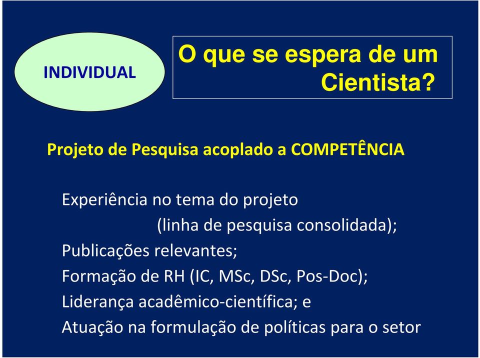 (linha de pesquisa consolidada); Publicações relevantes; Formação de RH