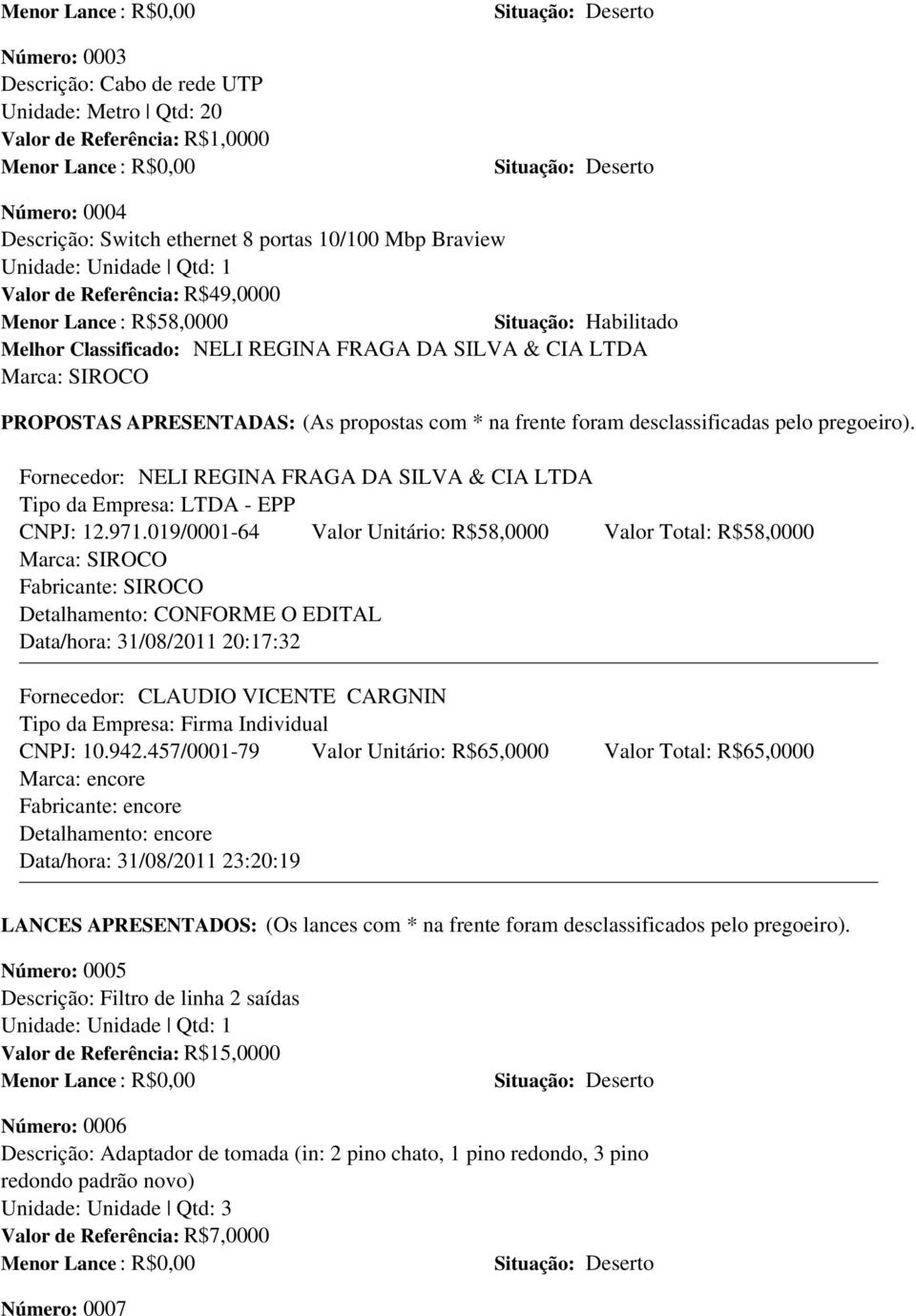 019/0001-64 Valor Unitário: R$58,0000 Valor Total: R$58,0000 Marca: SIROCO Fabricante: SIROCO Data/hora: 31/08/2011 20:17:32 CNPJ: 10.942.