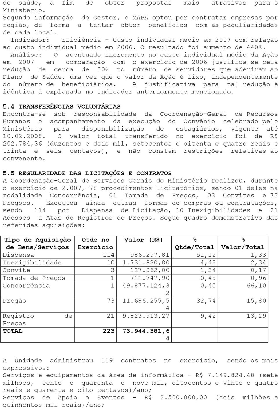 Indicador: Eficiência - Custo individual médio em 2007 com relação ao custo individual médio em 2006. O resultado foi aumento de 440%.