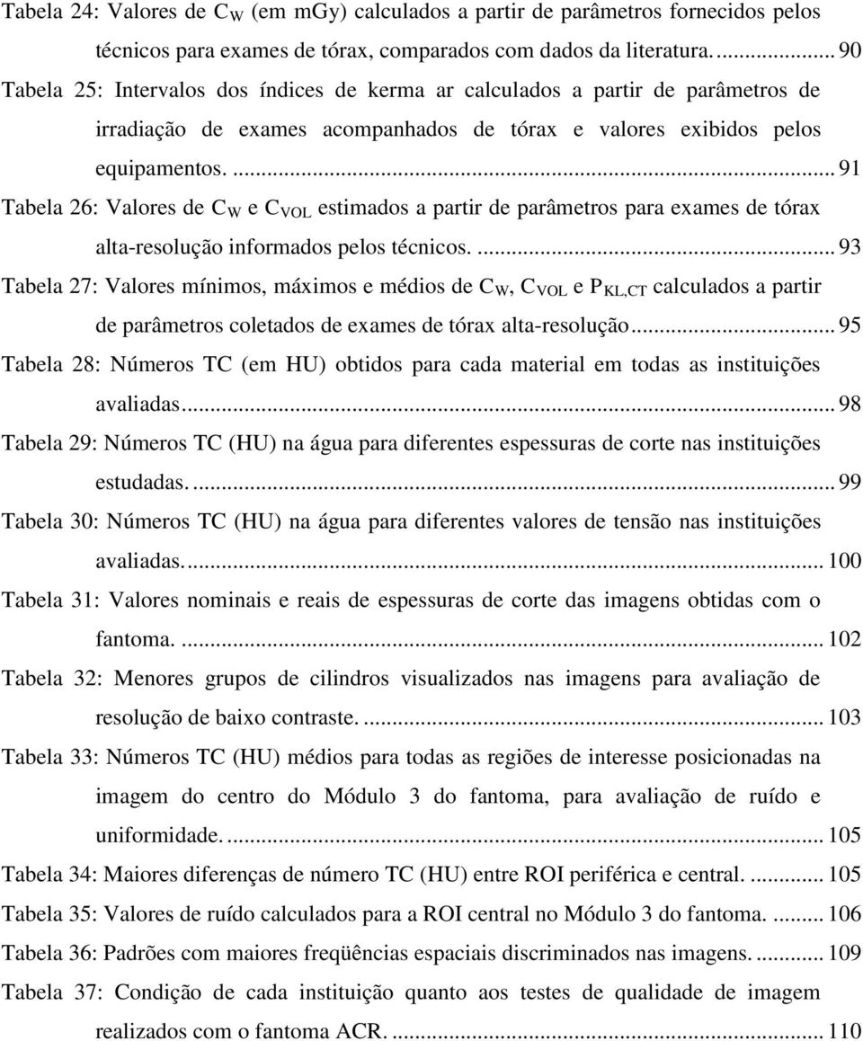 ... 91 Tabela 26: Valores de C W e C VOL estimados a partir de parâmetros para exames de tórax alta-resolução informados pelos técnicos.