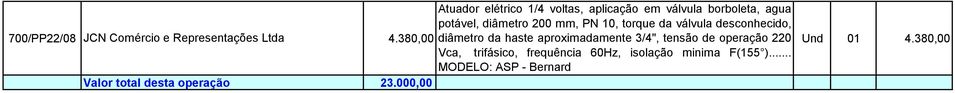 4.380,00 diâmetro da haste aproximadamente 3/4", tensão de operação 220 Und 01 4.