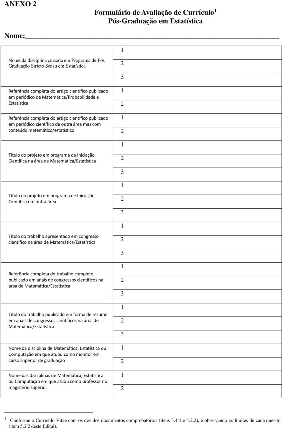 matemático/estatístico Título do projeto em programa de Iniciação Científica na área de Matemática/Estatística Título do projeto em programa de Iniciação Científica em outra área Título do trabalho