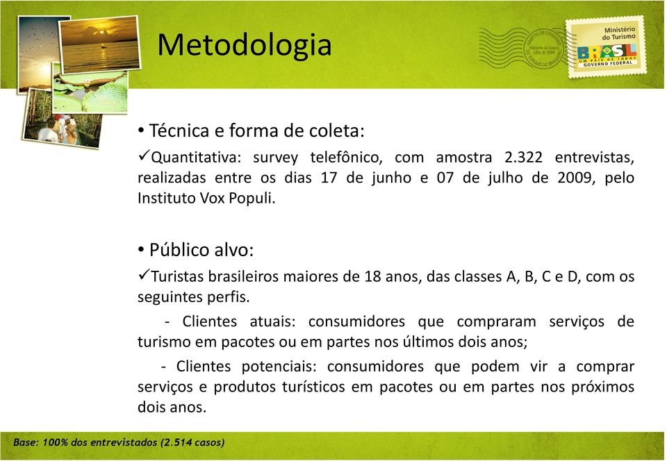 Público alvo: Turistasbrasileirosmaioresde18anos,dasclassesA,B,CeD,comos seguintes perfis.