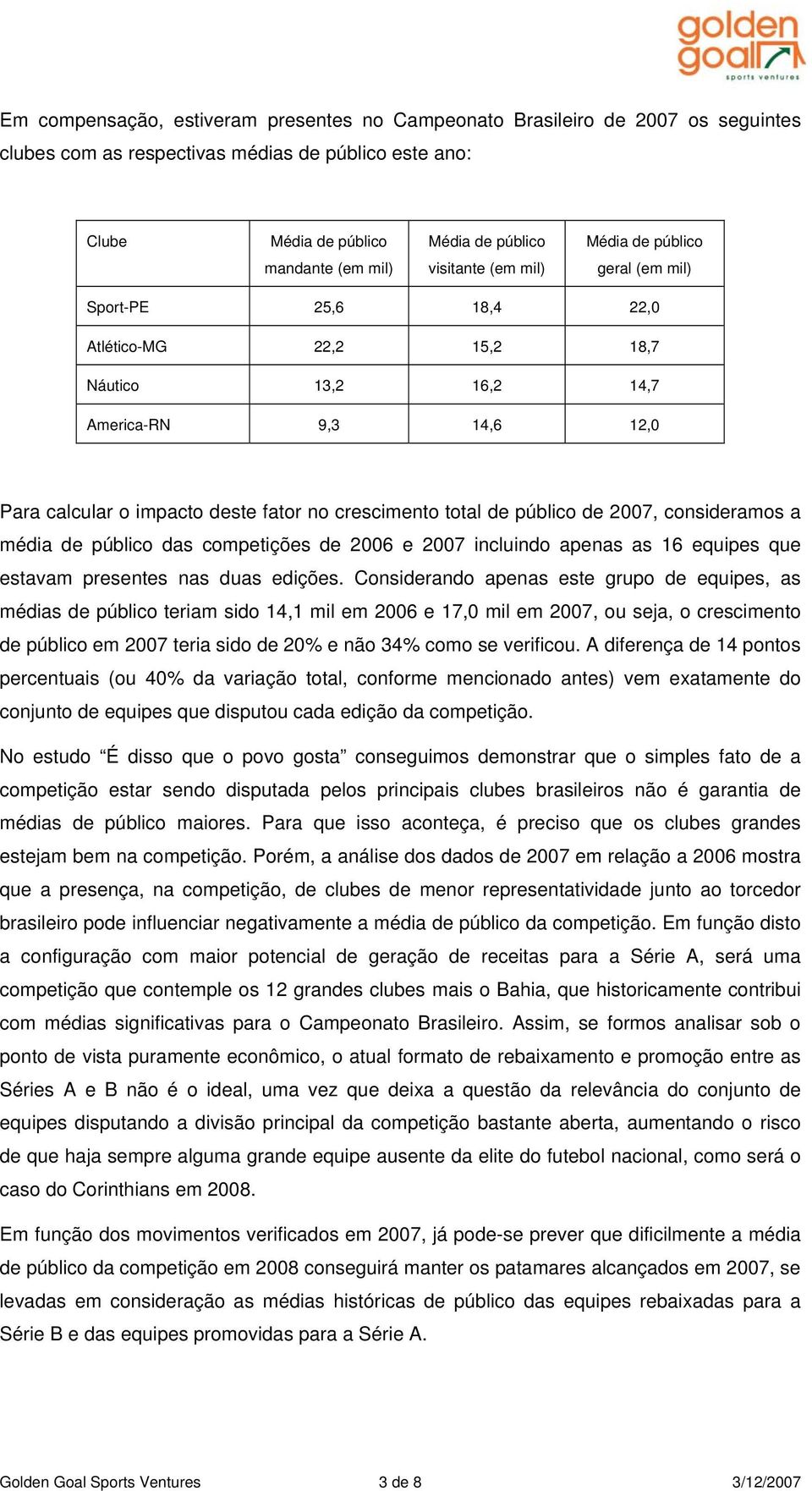 público das competições de 2006 e 2007 incluindo apenas as 16 equipes que estavam presentes nas duas edições.