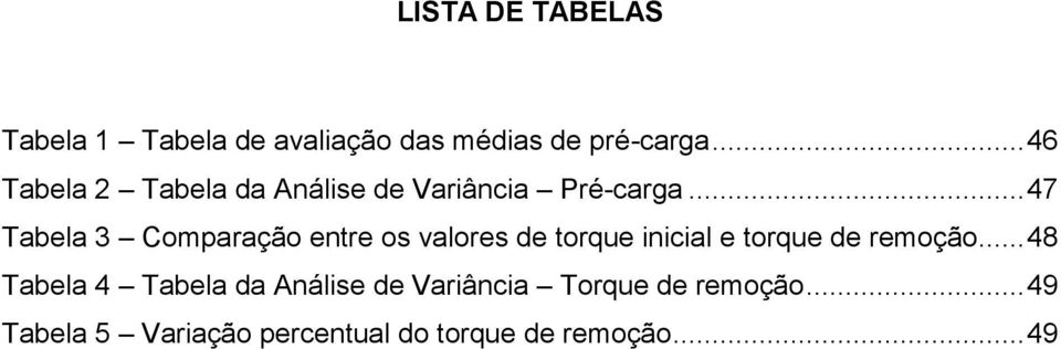 .. 47 Tabela 3 Comparação entre os valores de torque inicial e torque de remoção.