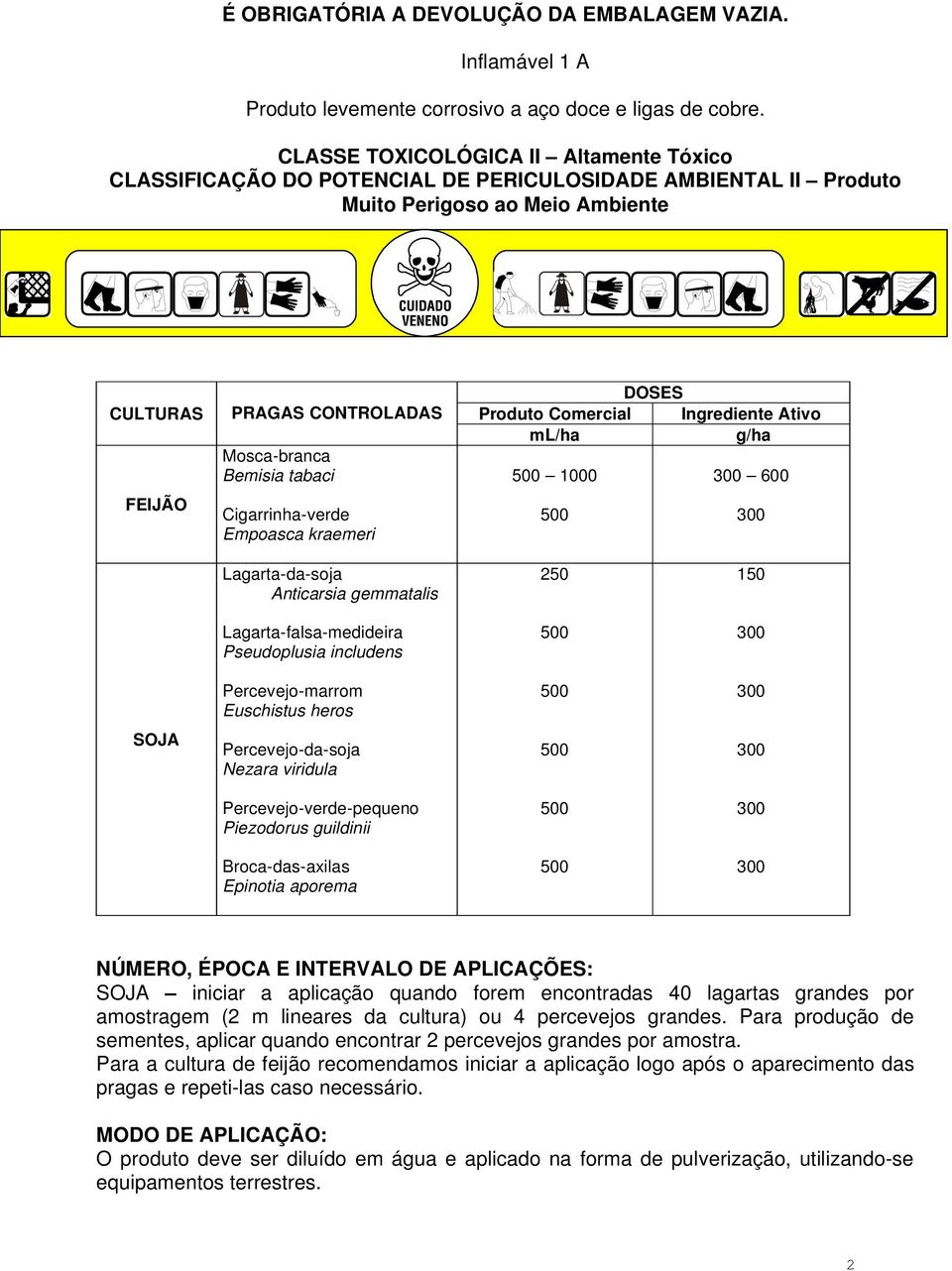 Mosca-branca Bemisia tabaci Cigarrinha-verde Empoasca kraemeri DOSES Produto Comercial Ingrediente Ativo ml/ha g/ha 1000 600 Lagarta-da-soja Anticarsia gemmatalis 250 150 Lagarta-falsa-medideira