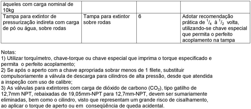 acoplamento; 2) Se após o aperto com a chave apropriada sobrar menos de 1 filete, substituir compulsoriamente a válvula de descarga para cilindros de alta pressão, desde que atendida a inspeção com