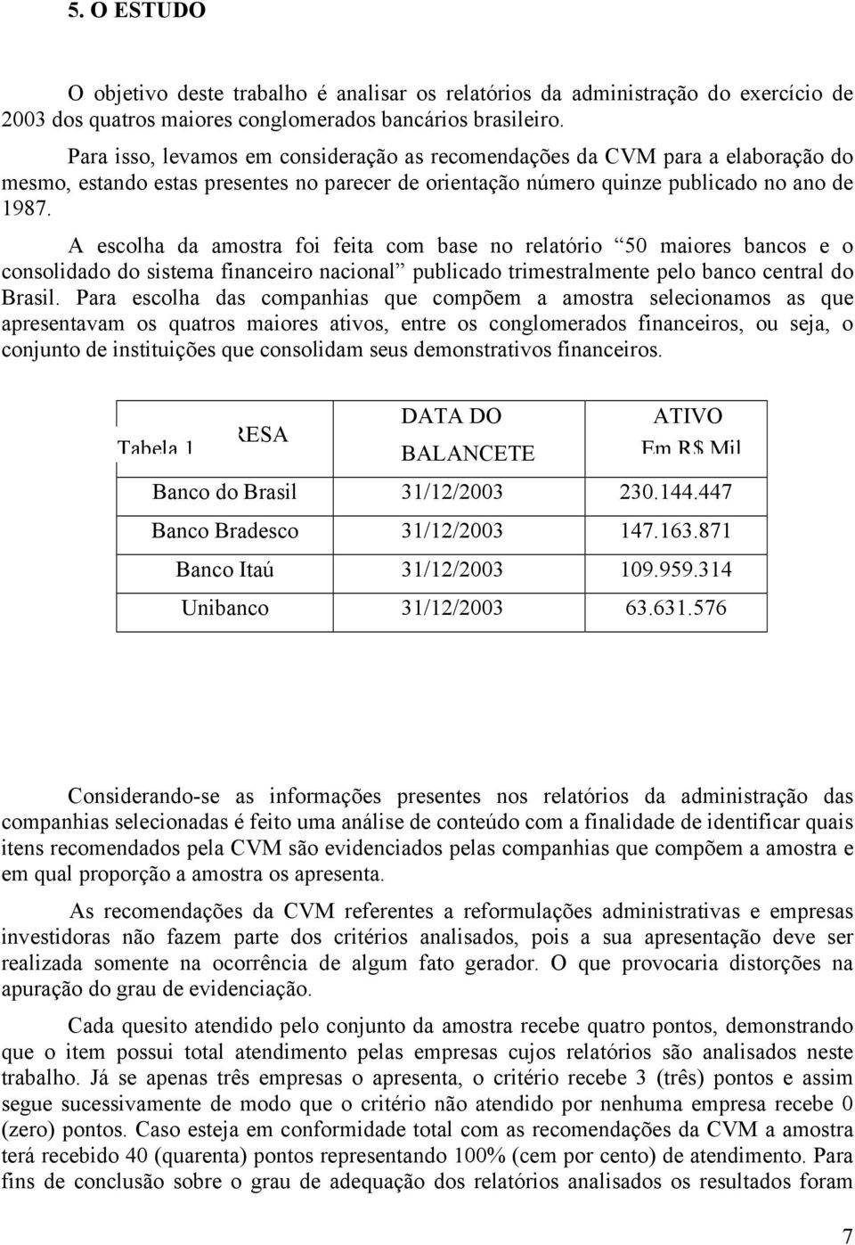 A escolha da amostra foi feita com base no relatório 50 maiores bancos e o consolidado do sistema financeiro nacional publicado trimestralmente pelo banco central do Brasil.