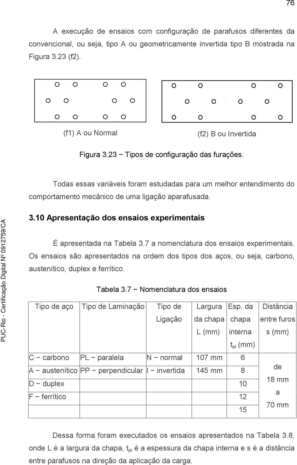 Todas essas variáveis foram estudadas para um melhor entendimento do comportamento mecânico de uma ligação aparafusada. 3.10 Apresentação dos ensaios experimentais É apresentada na Tabela 3.