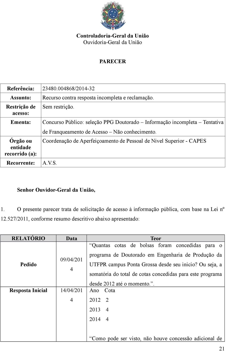 Concurso Público: seleção PPG Doutorado Informação incompleta Tentativa de Franqueamento de Acesso Não conhecimento. Coordenação de Aperfeiçoamento de Pessoal de Nível Su