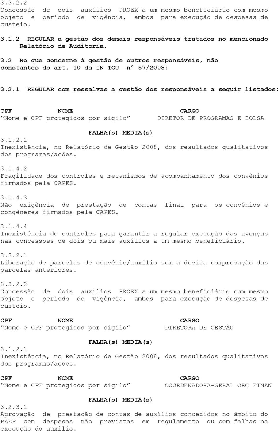 1.2.1 Inexistência, no Relatório de Gestão 2008, dos resultados qualitativos dos programas/ações. 3.1.4.2 Fragilidade dos controles e mecanismos de acompanhamento dos convênios firmados pela CAPES. 3.1.4.3 Não exigência de prestação de contas final para os convênios e congêneres firmados pela CAPES.