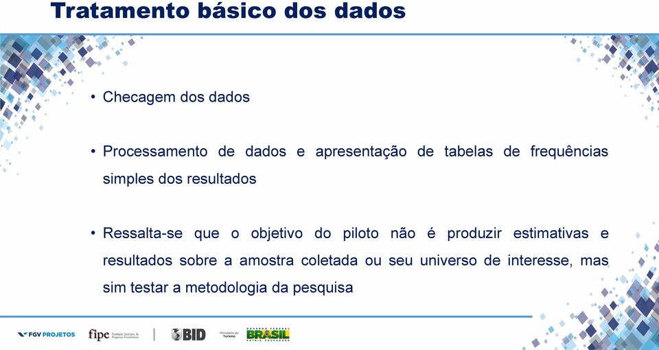 que o objetivo do piloto não é produzir estimativas e resultados sobre a