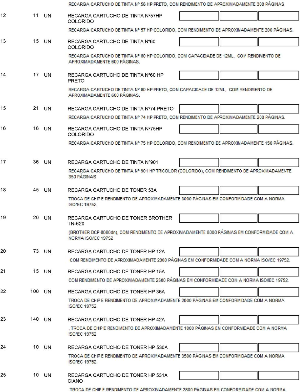 19 20 UN RECARGA CARTUCHO DE TONER BROTHER TN-620 20 73 UN RECARGA CARTUCHO DE TONER HP 12A 21 15 UN RECARGA CARTUCHO DE TONER HP 15A 22 100 UN RECARGA