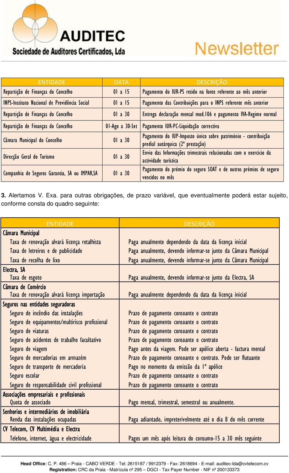 106 e pagamento IVA-Regime normal Repartição de Finanças do Concelho Câmara Municipal do Concelho 01 a 30 Direcção Geral do Turismo 01 a 30 Companhia de Seguros Garantia, SA ou IMPAR,SA 01 a 30