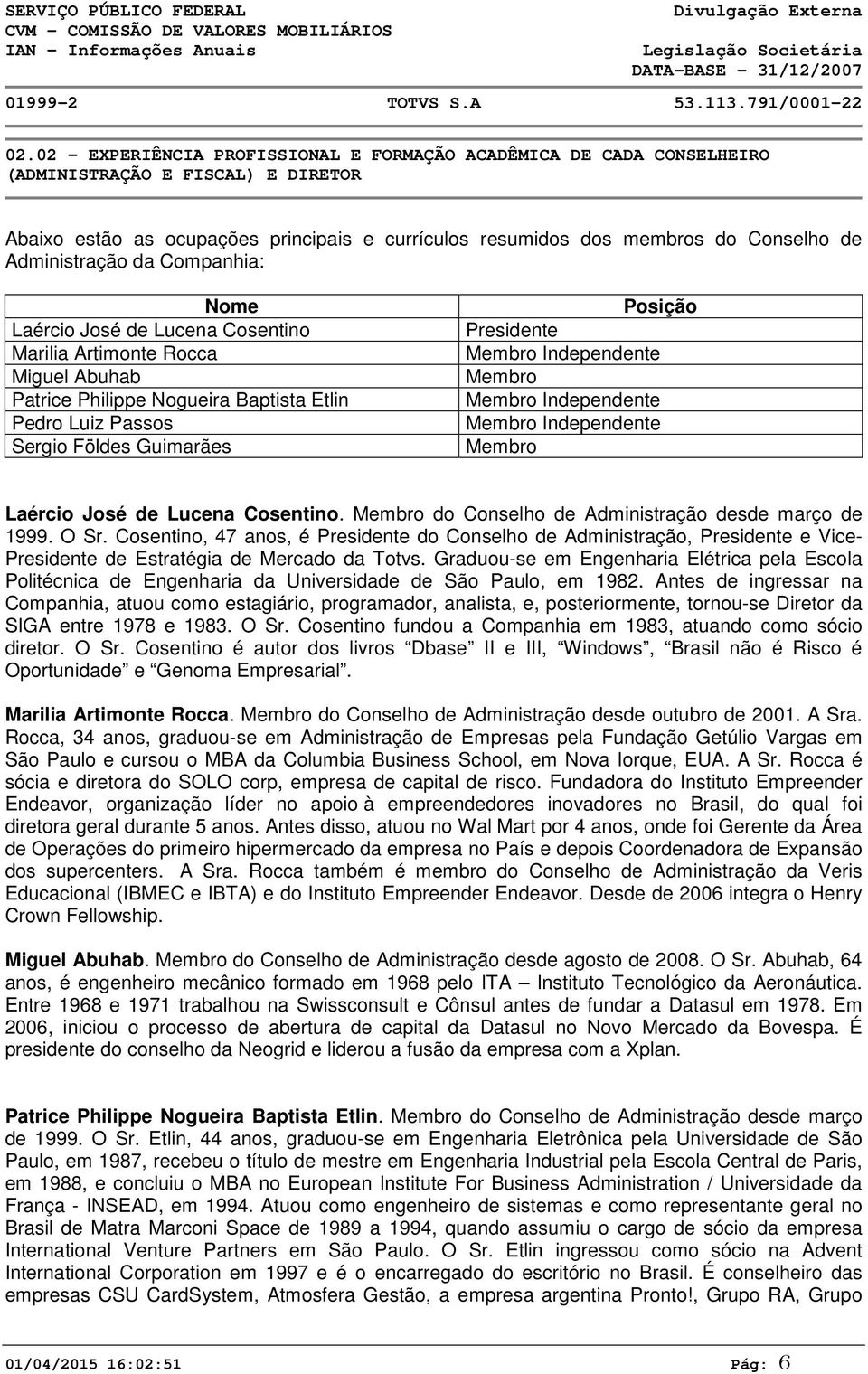 Cmpanhia: Nme Laérci Jsé de Lucena Csentin Marilia Artimnte Rcca Miguel Abuhab Patrice Philippe Ngueira Baptista Etlin Pedr Luiz Passs Sergi Földes Guimarães Psiçã Presidente Membr Independente Membr