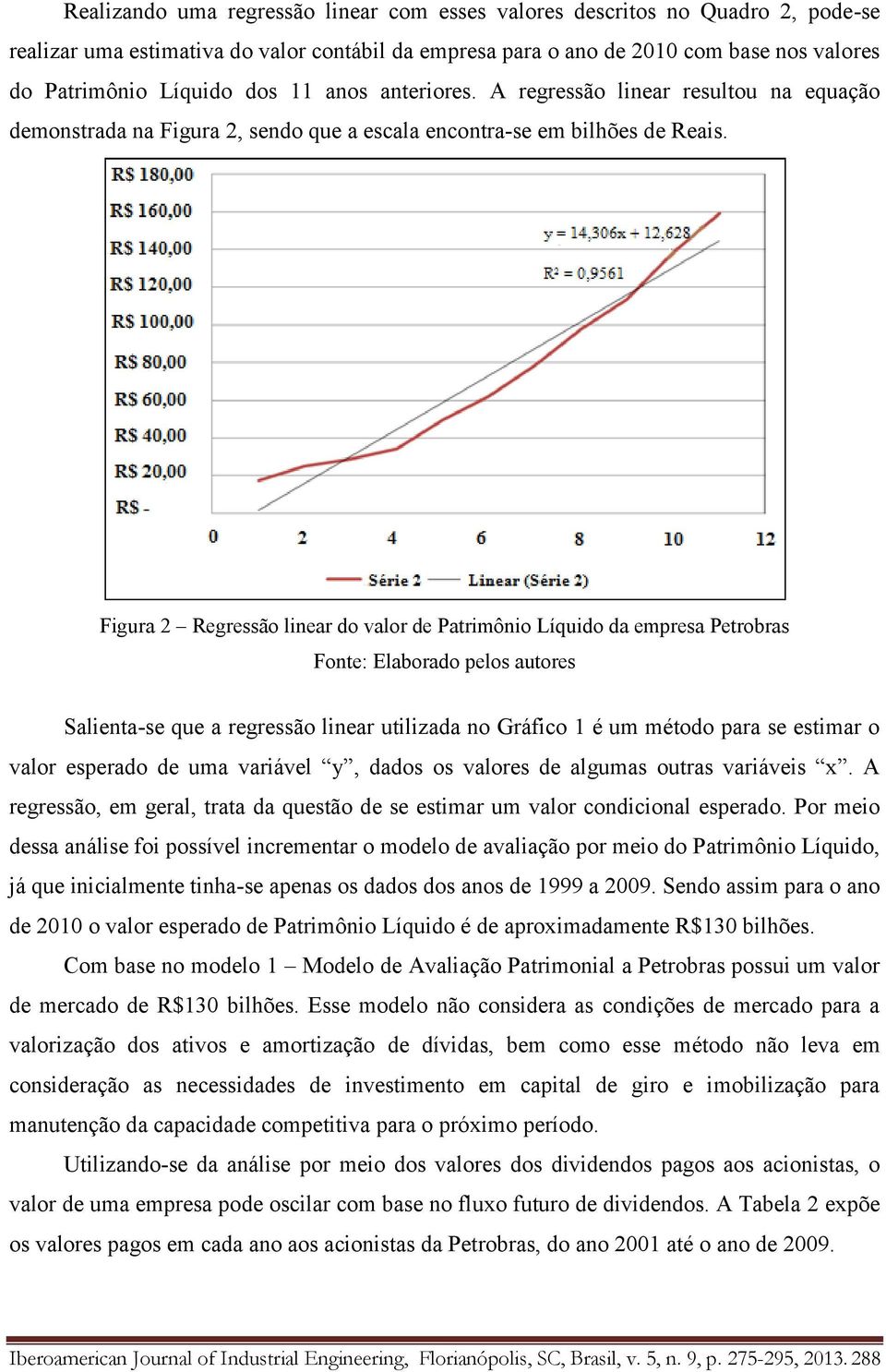 Figura 2 Regressão linear do valor de Patrimônio Líquido da empresa Petrobras Fonte: Elaborado pelos autores Salienta-se que a regressão linear utilizada no Gráfico 1 é um método para se estimar o