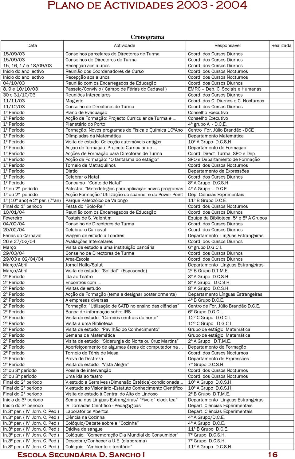 dos 8, 9 e 10/10/03 Passeio/Convívio ( Campo de Férias do Cadaval ) EMRC Dep. C. Sociais e 30 e 31/10/03 Reuniões Intercalares Coord. dos 11/11/03 Magusto Coord. dos C. Diurnos e C.