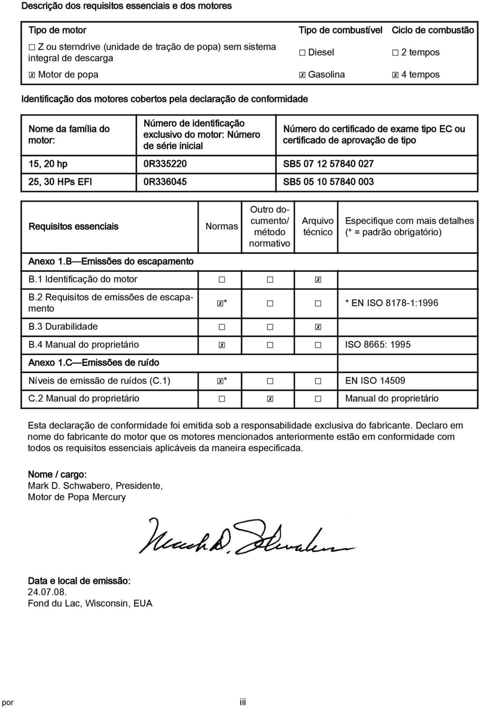 EC ou certificdo de provção de tipo 15, 20 hp 0R335220 SB5 07 12 57840 027 25, 30 HPs EFI 0R336045 SB5 05 10 57840 003 Requisitos essenciis Norms Outro documento/ método normtivo Arquivo técnico