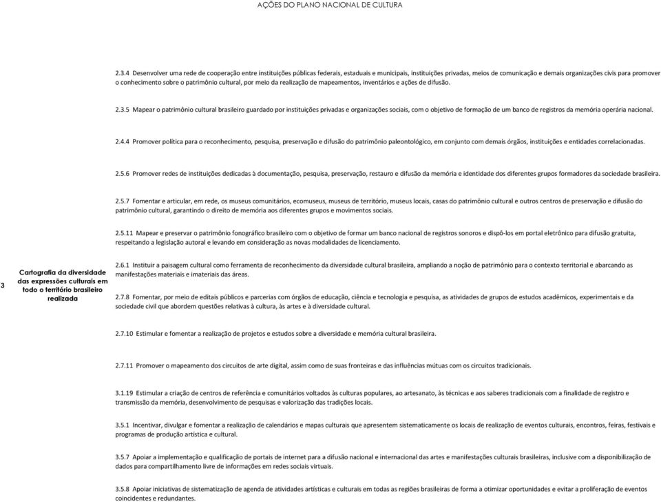 5 Mapear o patrimônio cultural brasileiro guardado por instituições privadas e organizações sociais, com o objetivo de formação de um banco de registros da memória operária nacional. 2.4.