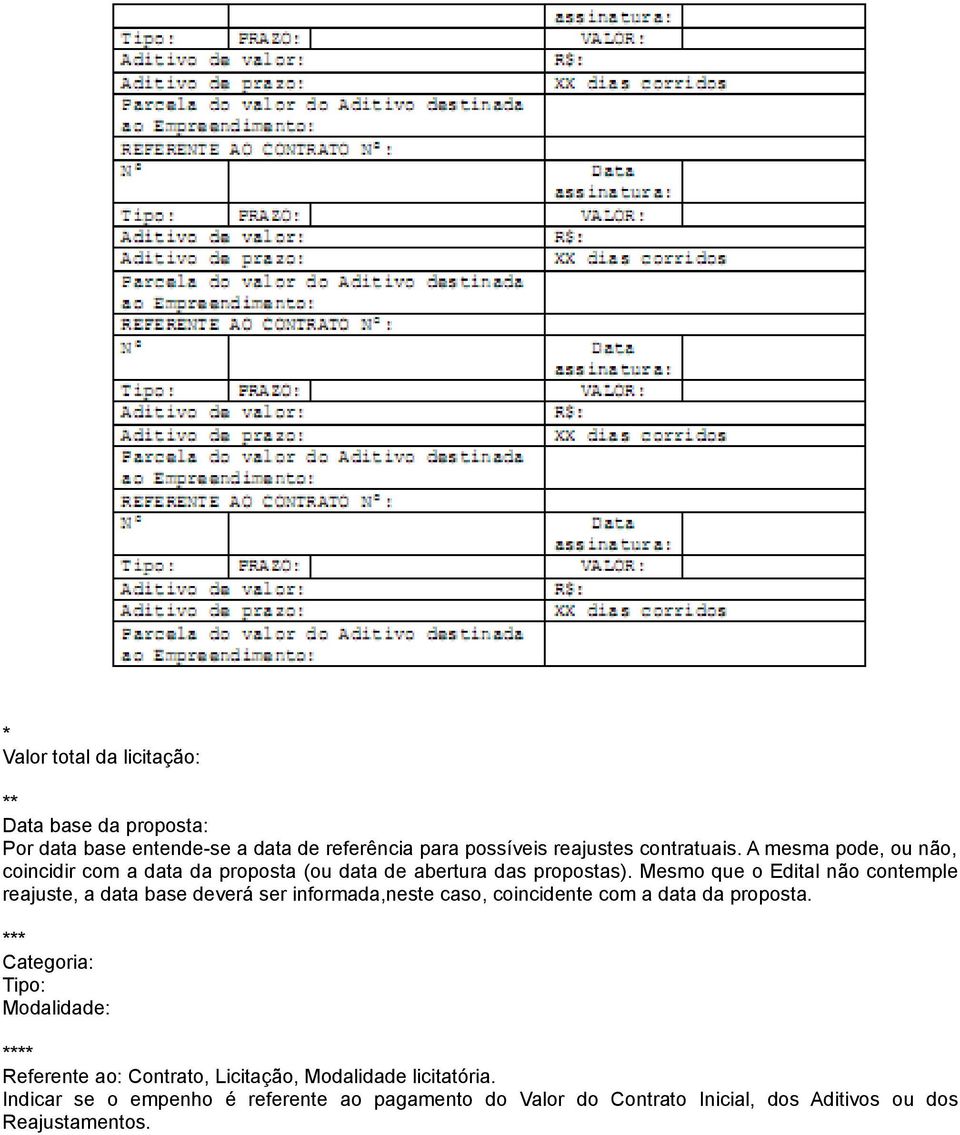 Mesmo que o Edital não contemple reajuste, a data base deverá ser informada,neste caso, coincidente com a data da proposta.