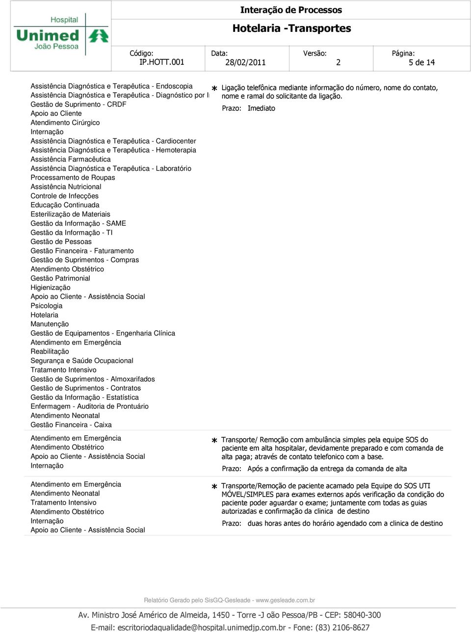 - Faturamento Reabilitação Gestão da Informação - Estatística Enfermagem - Auditoria de Prontuário Imediato Transporte/ Remoção com ambulância simples pela equipe SOS do paciente em alta hospitalar,