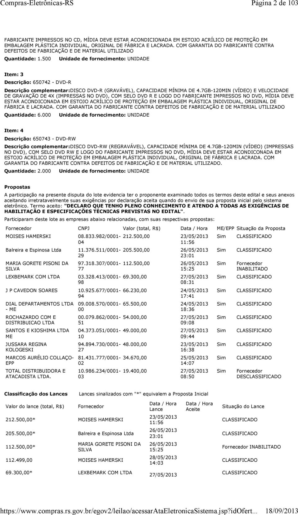 500 Item: 3 Descrição: 650742 - DVD-R Descrição complementar:disco DVD-R (GRAVÁVEL), CAPACIDADE MÍNIMA DE 4.