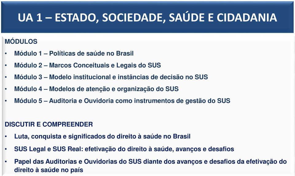instrumentos de gestão do SUS DISCUTIR E COMPREENDER Luta, conquista e significados do direito à saúde no Brasil SUS Legal e SUS Real: