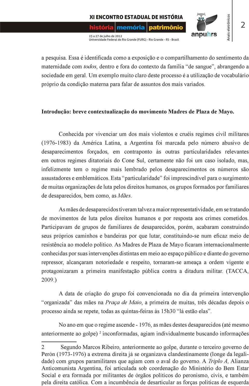 Introdução: breve contextualização do movimento Madres de Plaza de Mayo.