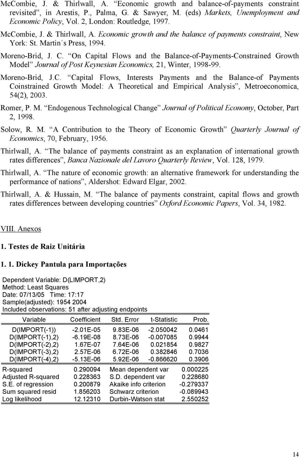 On Capital Flows and the Balance-of-Payments-Constrained Growth Model Journal of Post Keynesian Economics, 21, Winter, 1998-99. Moreno-Brid, J.C. Capital Flows, Interests Payments and the Balance-of Payments Coinstrained Growth Model: A Theoretical and Empirical Analysis, Metroeconomica, 54(2), 2003.