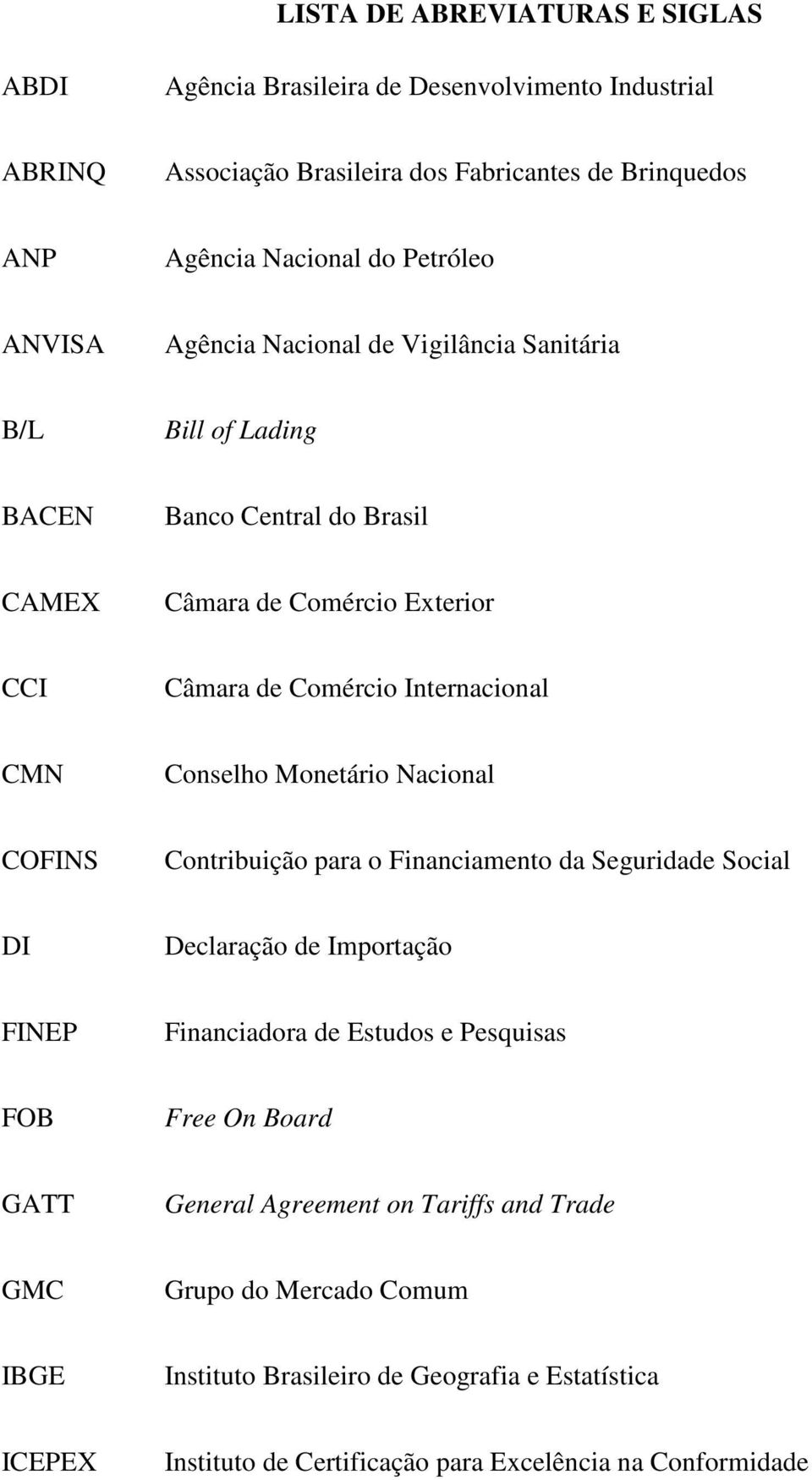 Conselho Monetário Nacional COFINS Contribuição para o Financiamento da Seguridade Social DI Declaração de Importação FINEP Financiadora de Estudos e Pesquisas FOB Free On Board