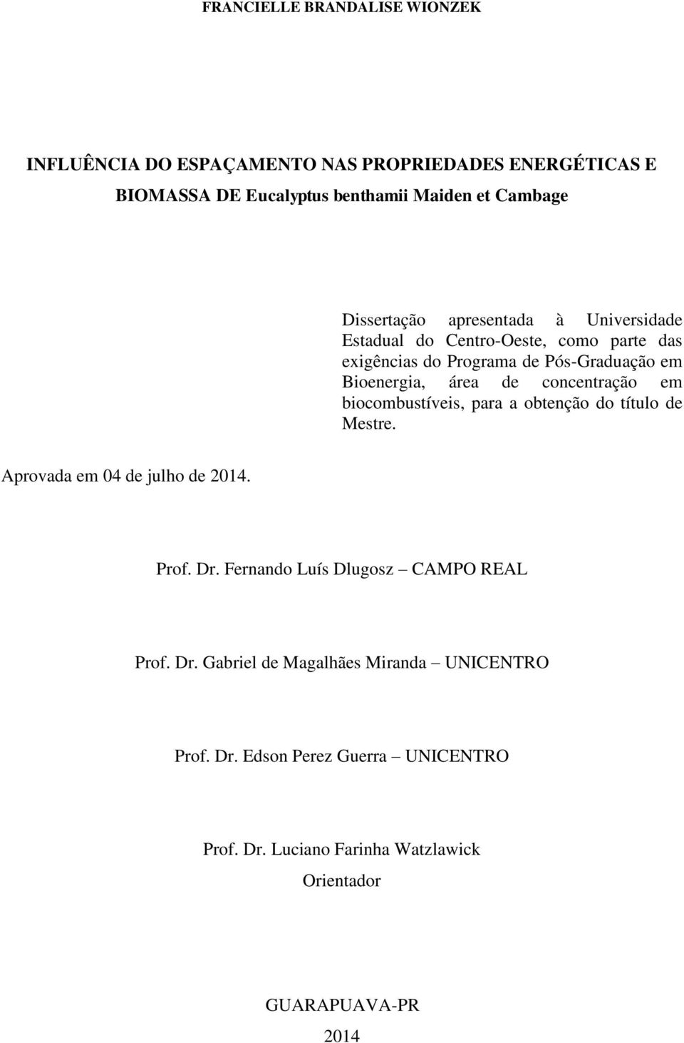 concentração em biocombustíveis, para a obtenção do título de Mestre. Aprovada em 04 de julho de 2014. Prof. Dr.