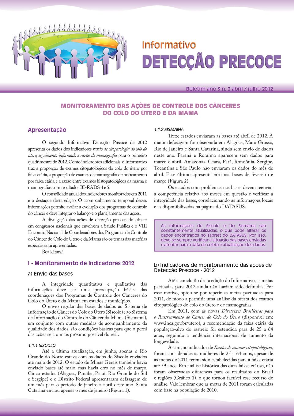 de citopatologia do colo do útero, seguimento informado e razão de mamografia para o primeiro quadrimestre de 2012.