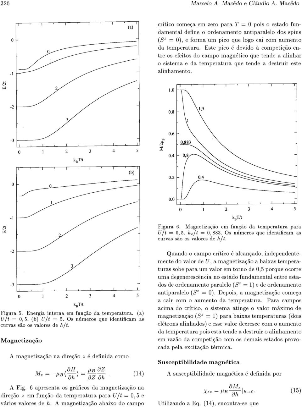 Magnetiza~ao em fun~ao a temperatura para U=t =0; 5: h =t =0; 883: Os numeros que ientiam as urvas s~ao os valores e h=t. Figura 5. Energia interna em fun~ao a temperatura.