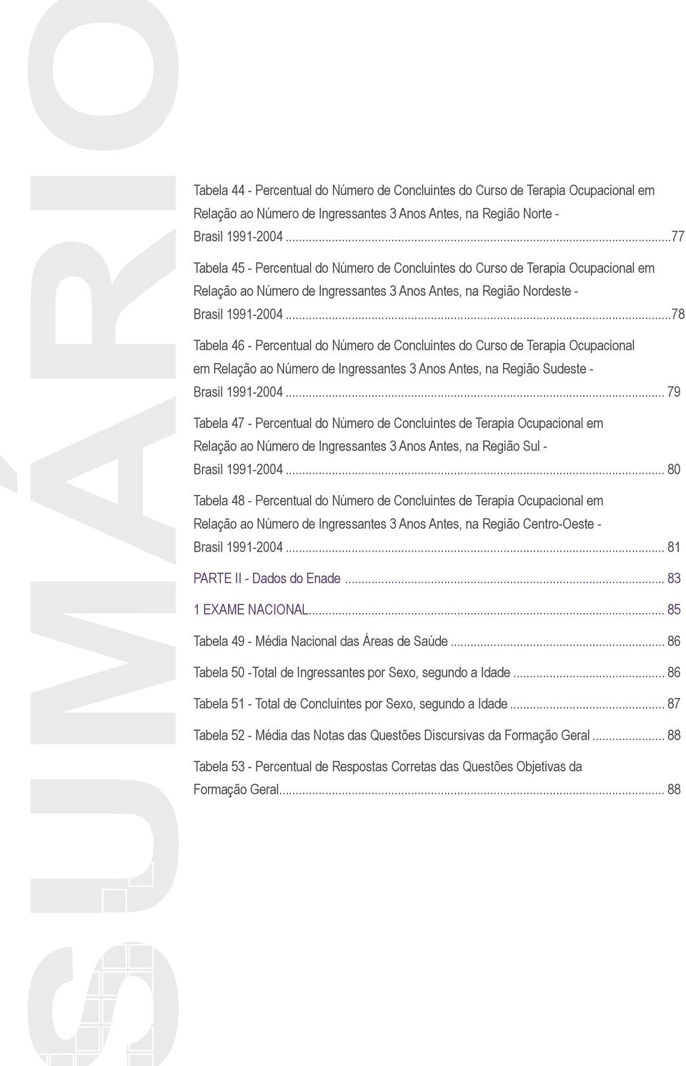 ..78 Tabela 46 - Percentual do Número de Concluintes do Curso de Terapia Ocupacional em Relação ao Número de Ingressantes 3 Anos Antes, na Região Sudeste - Brasil 1991-2004.