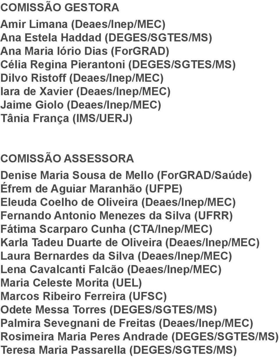 (Deaes/Inep/MEC) Fernando Antonio Menezes da Silva (UFRR) Fátima Scarparo Cunha (CTA/Inep/MEC) Karla Tadeu Duarte de Oliveira (Deaes/Inep/MEC) Laura Bernardes da Silva (Deaes/Inep/MEC) Lena