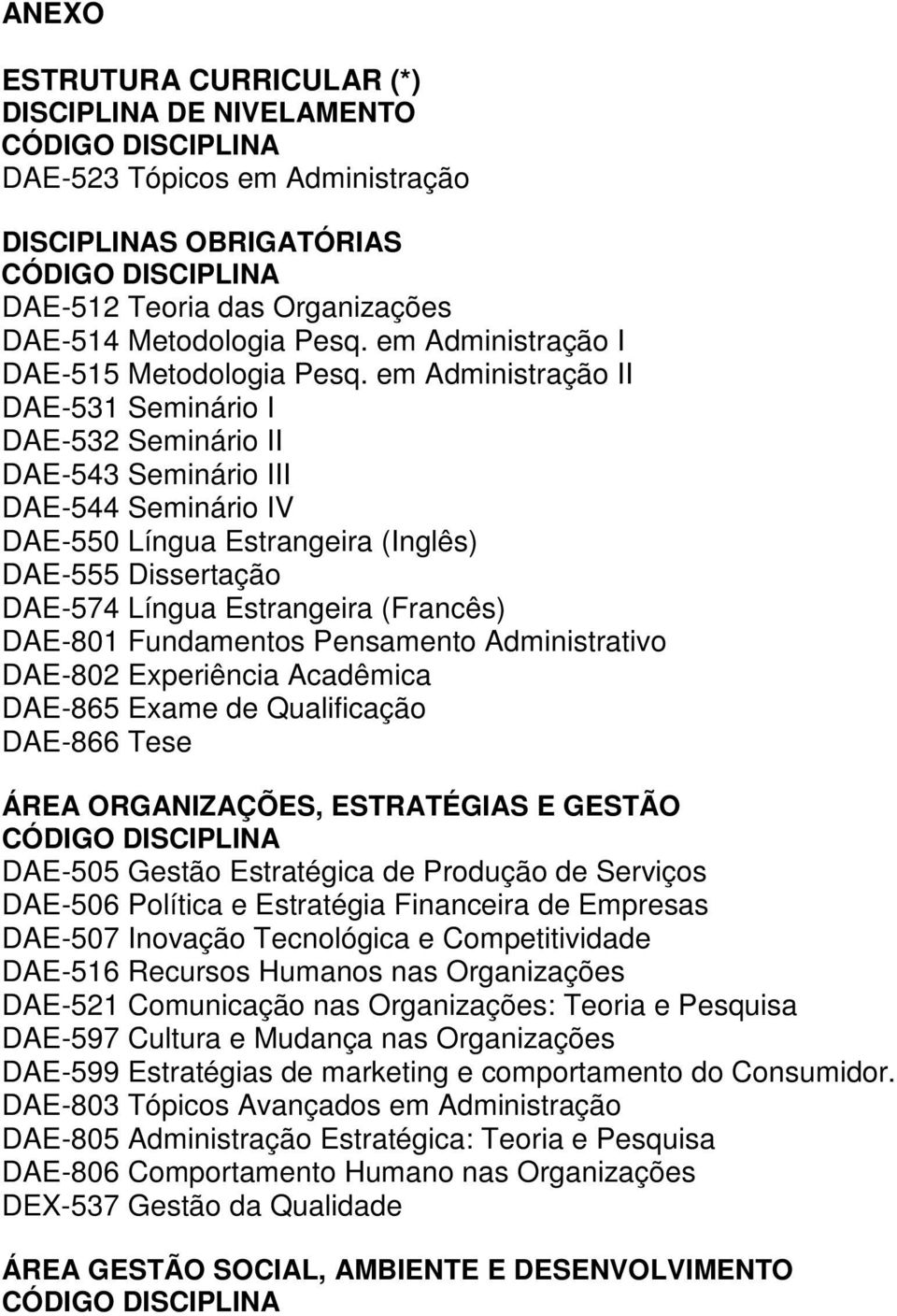 em Administração II DAE-531 Seminário I DAE-532 Seminário II DAE-543 Seminário III DAE-544 Seminário IV DAE-550 Língua Estrangeira (Inglês) DAE-555 Dissertação DAE-574 Língua Estrangeira (Francês)