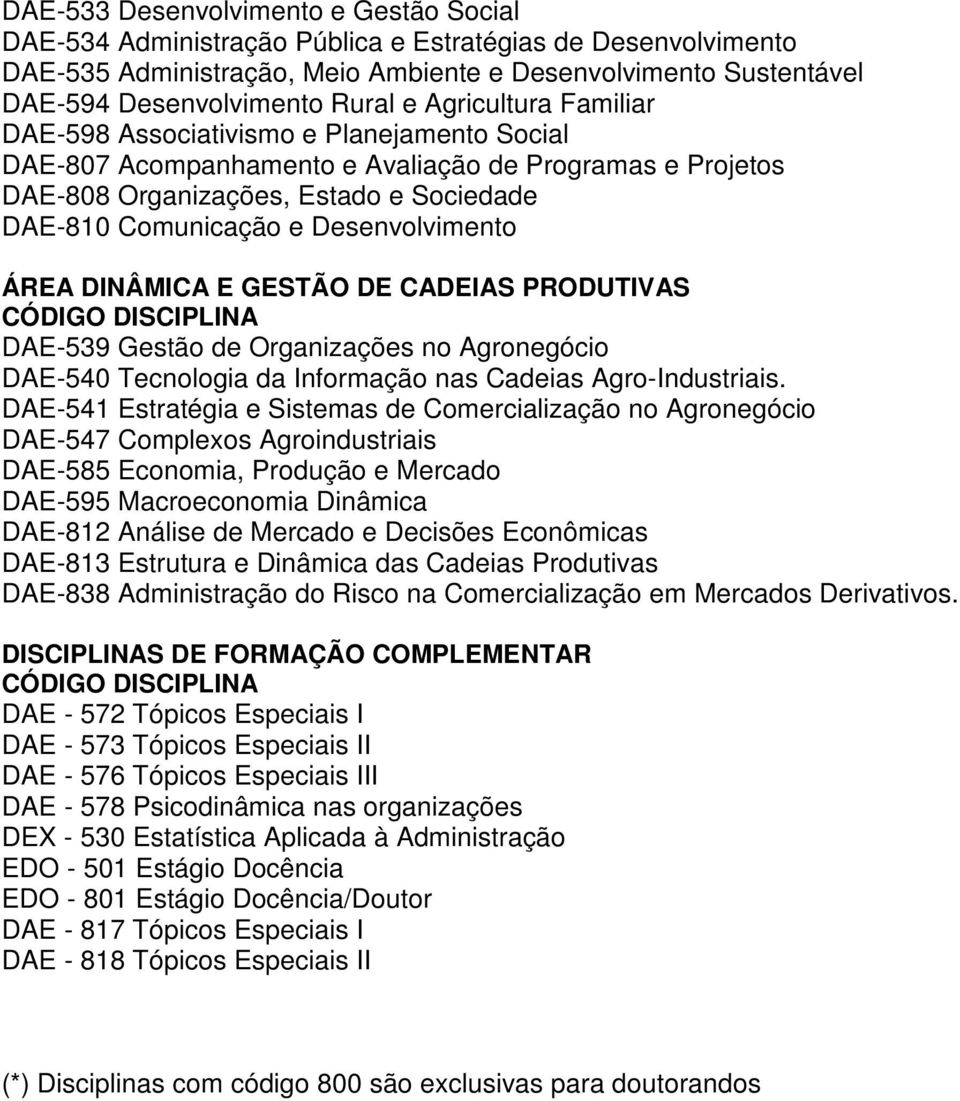 Desenvolvimento ÁREA DINÂMICA E GESTÃO DE CADEIAS PRODUTIVAS DAE-539 Gestão de Organizações no Agronegócio DAE-540 Tecnologia da Informação nas Cadeias Agro-Industriais.