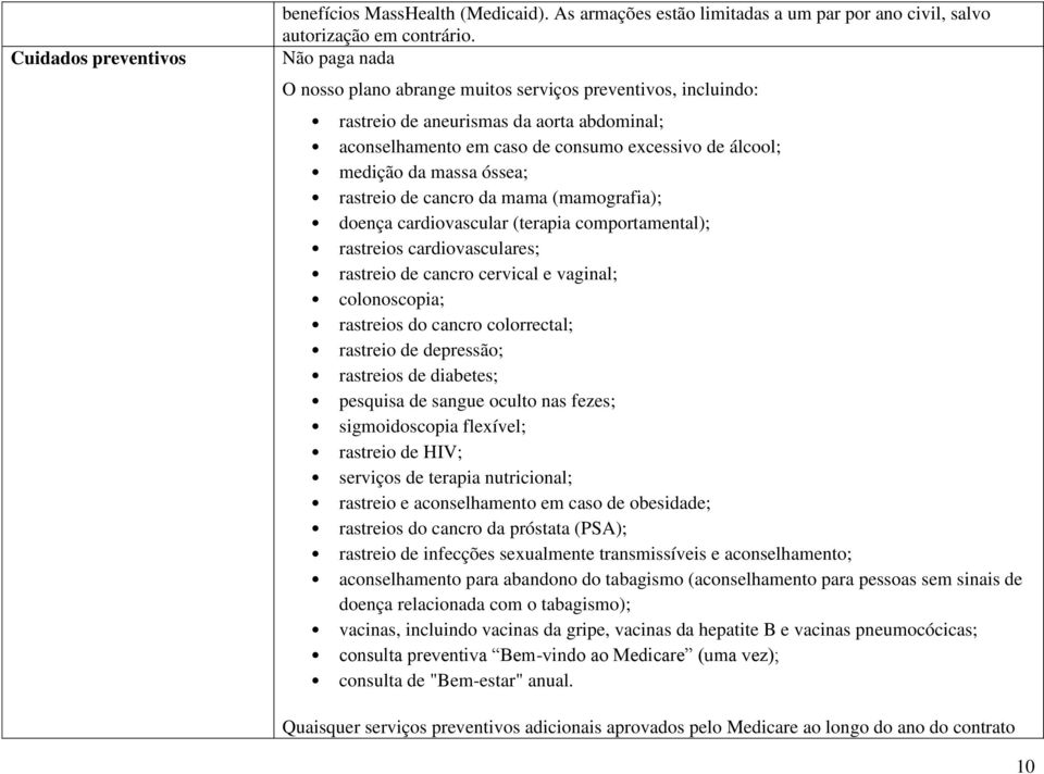 rastreio de cancro da mama (mamografia); doença cardiovascular (terapia comportamental); rastreios cardiovasculares; rastreio de cancro cervical e vaginal; colonoscopia; rastreios do cancro