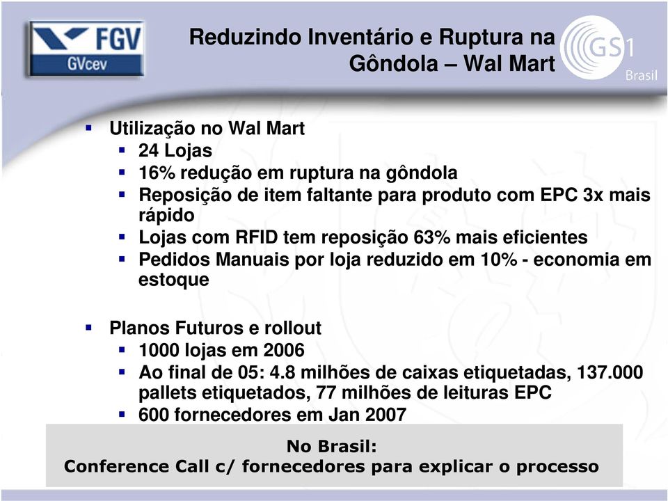 - economia em estoque Planos Futuros e rollout 1000 lojas em 2006 Ao final de 05: 4.8 milhões de caixas etiquetadas, 137.