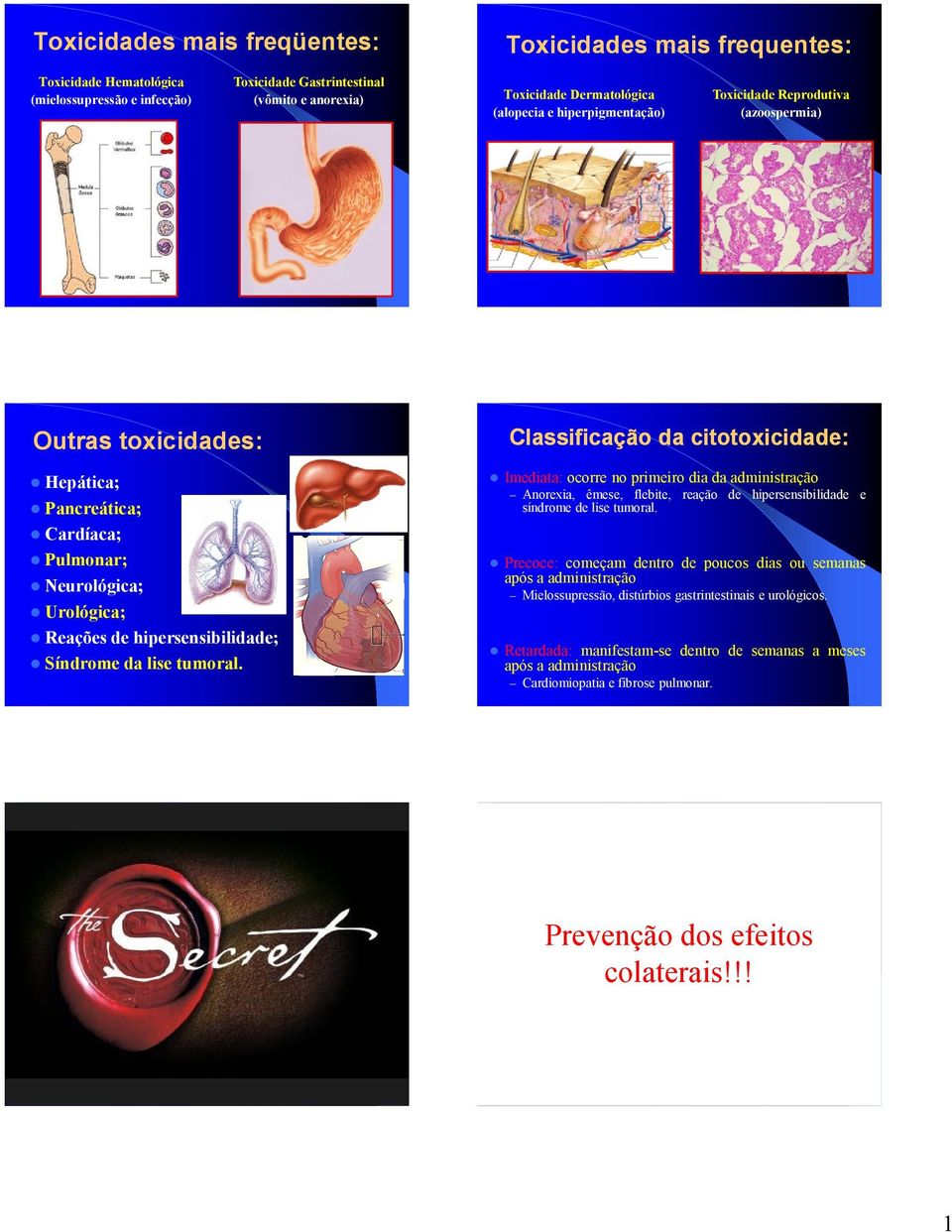 Classificação da citotoxicidade: Imediata: ocorre no primeiro dia da administração Anorexia, êmese, flebite, reação de hipersensibilidade e síndrome de lise tumoral.