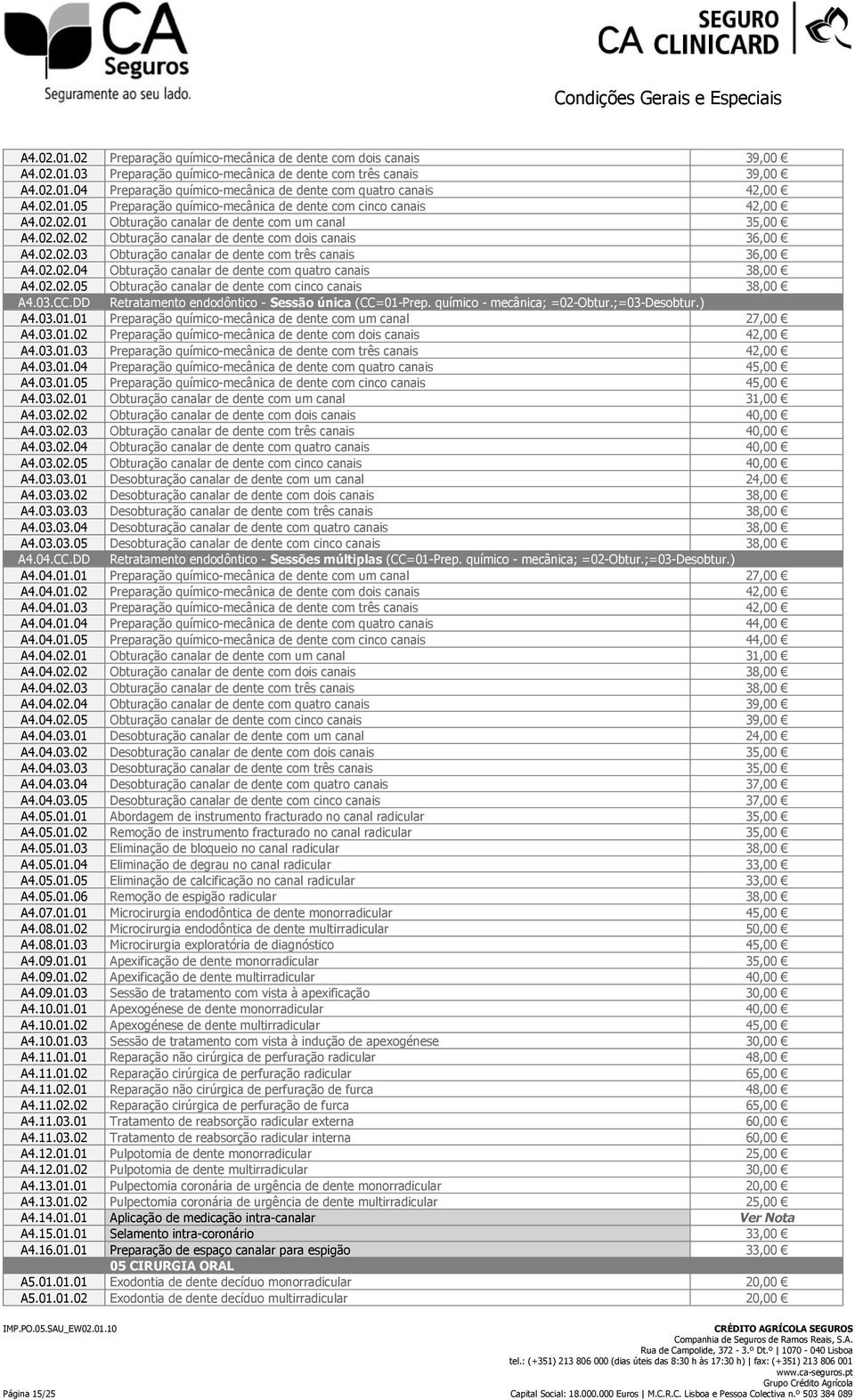 02.02.04 Obturação canalar de dente com quatro canais 38,00 A4.02.02.05 Obturação canalar de dente com cinco canais 38,00 A4.03.CC.DD Retratamento endodôntico - Sessão única (CC=01-Prep.