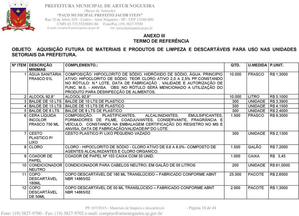 TEOR CLORO ATIVO 2,0 A 2,5% PP.CONSTANDO NO RÓTULO: N.º LOTE, DATA DE FABRICAÇÃO, VALIDADE E AUTORIZAÇÃO DE FUNC. M.S. - ANVISA.