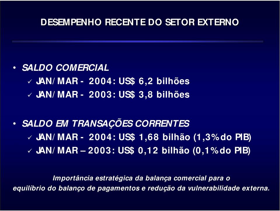 bilhão (1,3% do PIB) JAN/MAR 2003: US$ 0,12 bilhão (0,1% do PIB) Importância estratégica