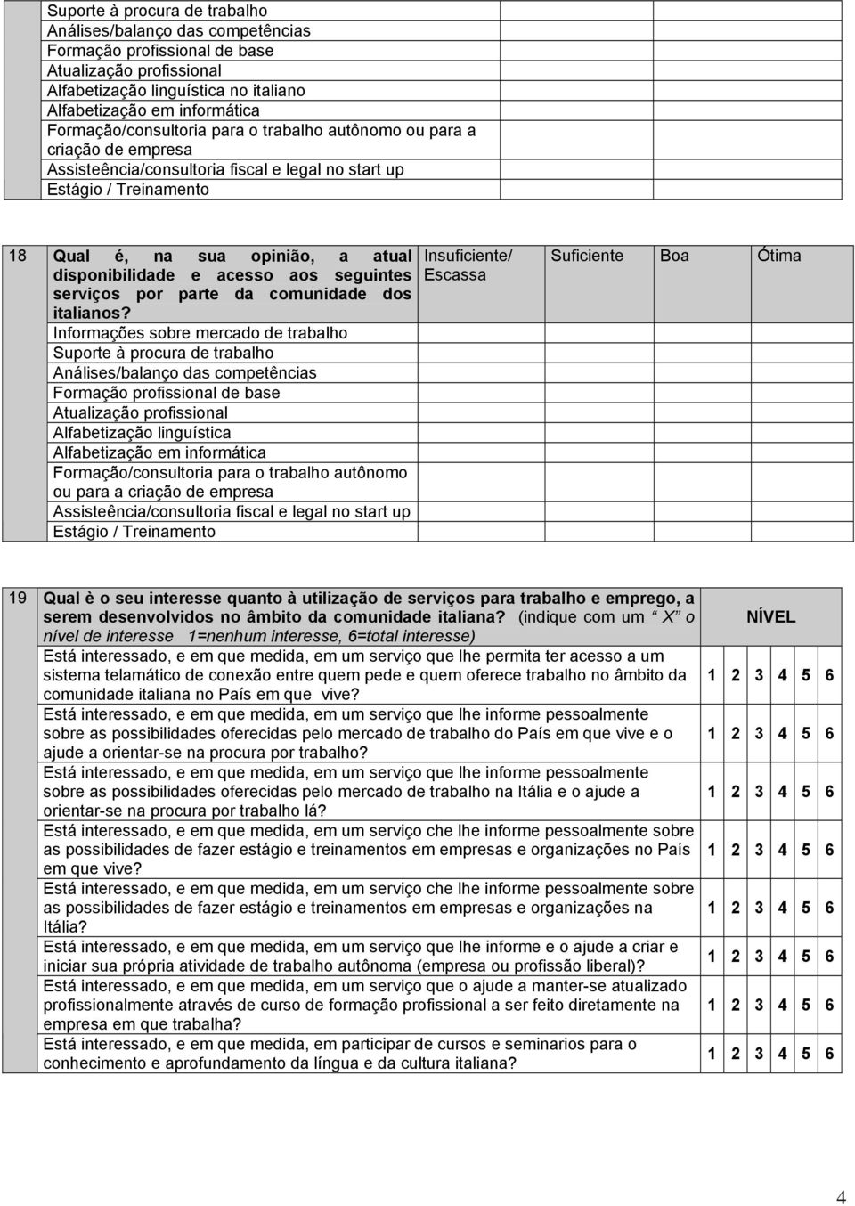 e acesso aos seguintes serviços por parte da comunidade dos italianos?