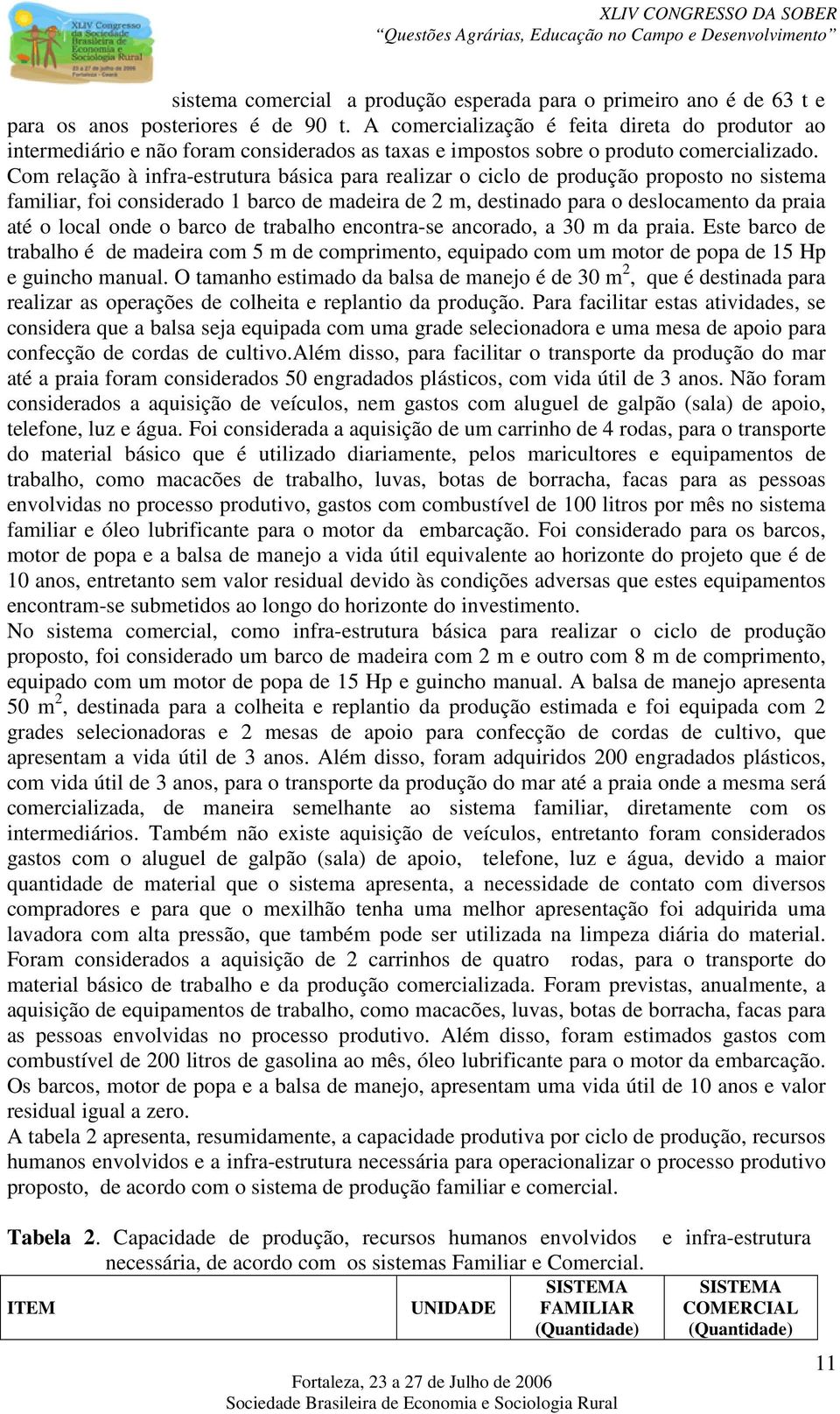 Com relação à infra-estrutura básica para realizar o ciclo de produção proposto no sistema familiar, foi considerado 1 barco de madeira de 2 m, destinado para o deslocamento da praia até o local onde