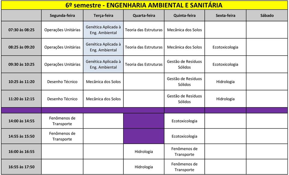 Ambiental Teoria das Estruturas Mecânica dos Solos Ecotoxicologia 09:30 às 10:25 Operações Unitárias Genética Aplicada à Eng.