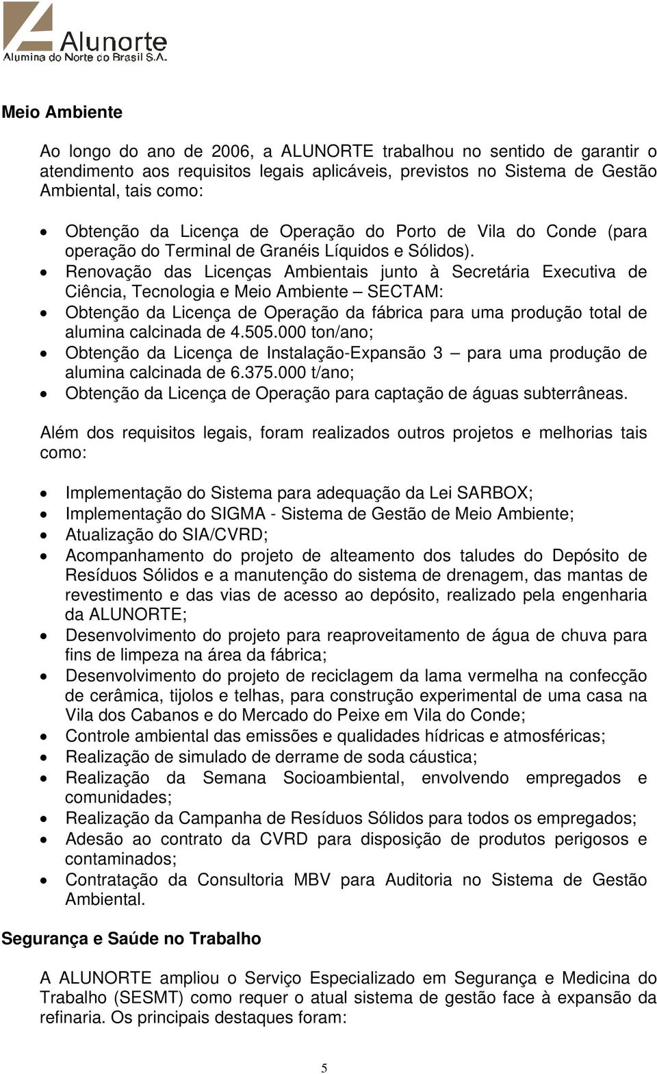 Renovação das Licenças Ambientais junto à Secretária Executiva de Ciência, Tecnologia e Meio Ambiente SECTAM: Obtenção da Licença de Operação da fábrica para uma produção total de alumina calcinada