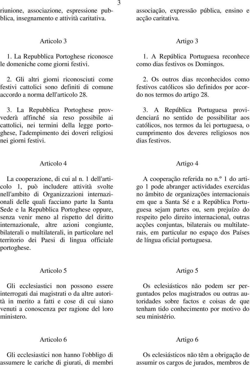 La Repubblica Portoghese provvederà affinché sia reso possibile ai cattolici, nei termini della legge portoghese, l'adempimento dei doveri religiosi nei giorni festivi. Artigo 3 1.