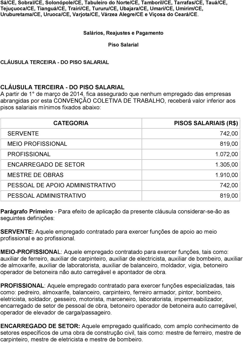 Salários, Reajustes e Pagamento Piso Salarial CLÁUSULA TERCEIRA - DO PISO SALARIAL CLÁUSULA TERCEIRA - DO PISO SALARIAL A partir de 1 de março de 2014, fica assegurado que nenhum empregado das